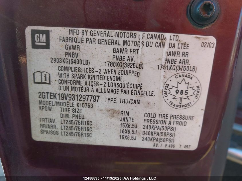 2003 GMC Sierra 1500 VIN: 2GTEK19V931297797 Lot: 12458895