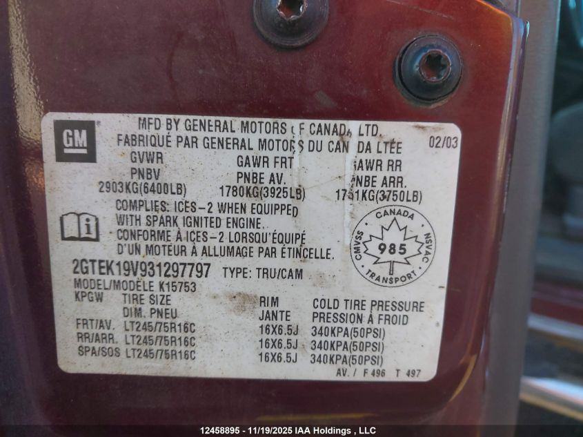 2003 GMC Sierra 1500 VIN: 2GTEK19V931297797 Lot: 12458895