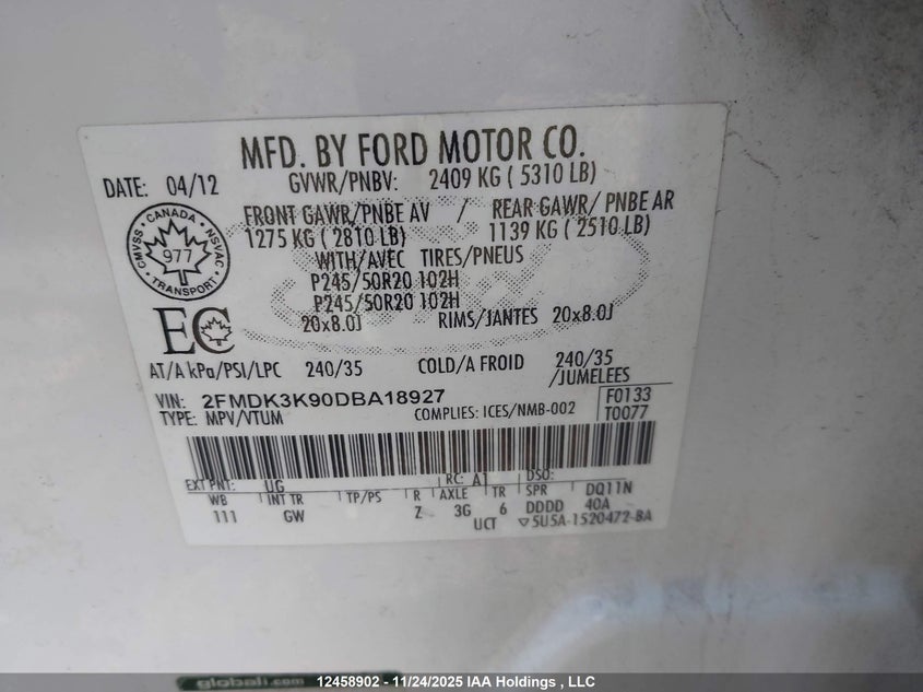 2FMDK3K90DBA18927 2013 FORD EDGE photo no. 9
