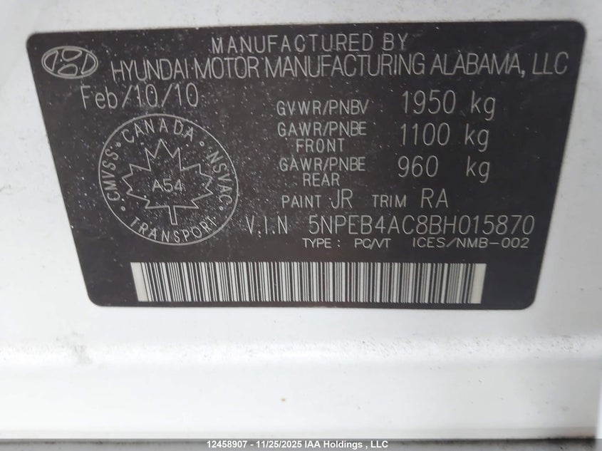 2011 Hyundai Sonata Gl VIN: 5NPEB4AC8BH015870 Lot: 12458907