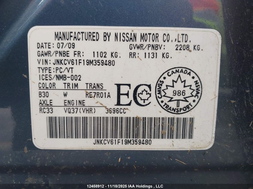 2009 Infiniti G37X VIN: JNKCV61F19M35948 Lot: 12458912