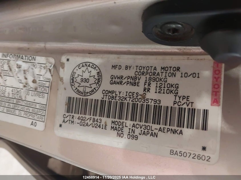 JTDBE32K720035793 2002 TOYOTA CAMRY photo no. 9