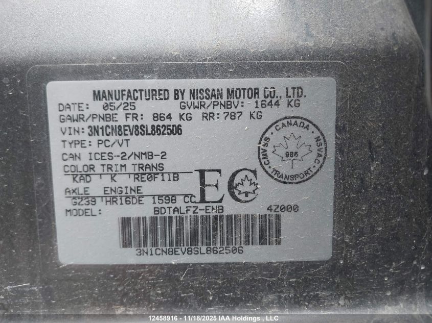 2025 Nissan Versa Sv VIN: 3N1CN8EV8SL862506 Lot: 12458916