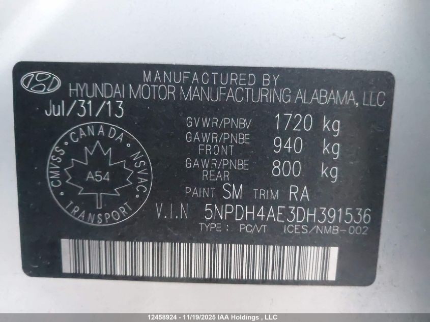 2013 Hyundai Elantra Gl VIN: 5NPDH4AE3DH391536 Lot: 12458924