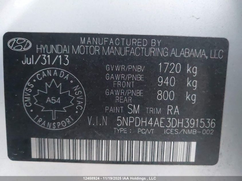 2013 Hyundai Elantra Gl VIN: 5NPDH4AE3DH391536 Lot: 12458924