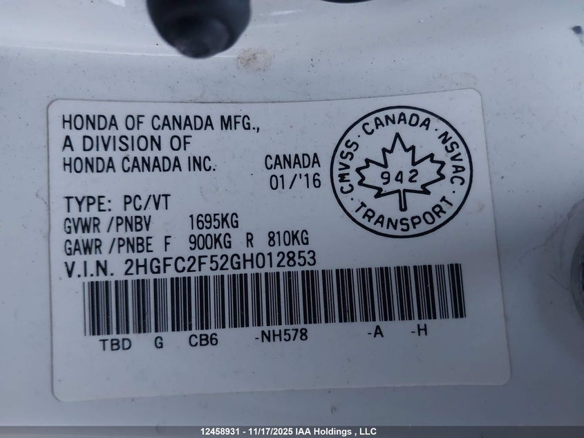 2HGFC2F52GH012853 2016 HONDA CIVIC photo no. 17