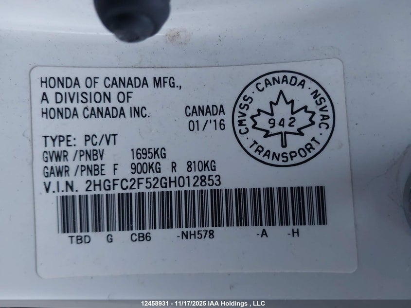 2HGFC2F52GH012853 2016 HONDA CIVIC photo no. 9
