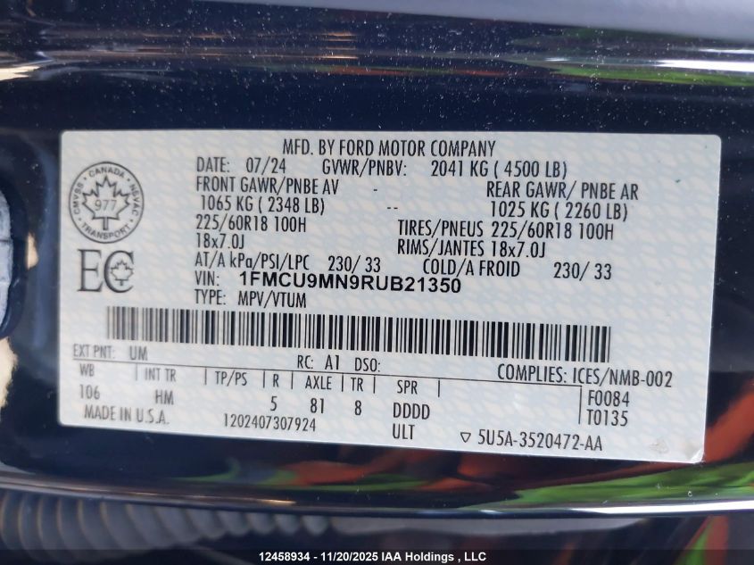 2024 Ford Escape St-Line VIN: 1FMCU9MN9RUB21350 Lot: 12458934