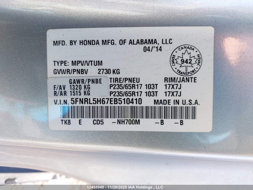 5FNRL5H67EB510410 2014 HONDA ODYSSEY photo no. 9