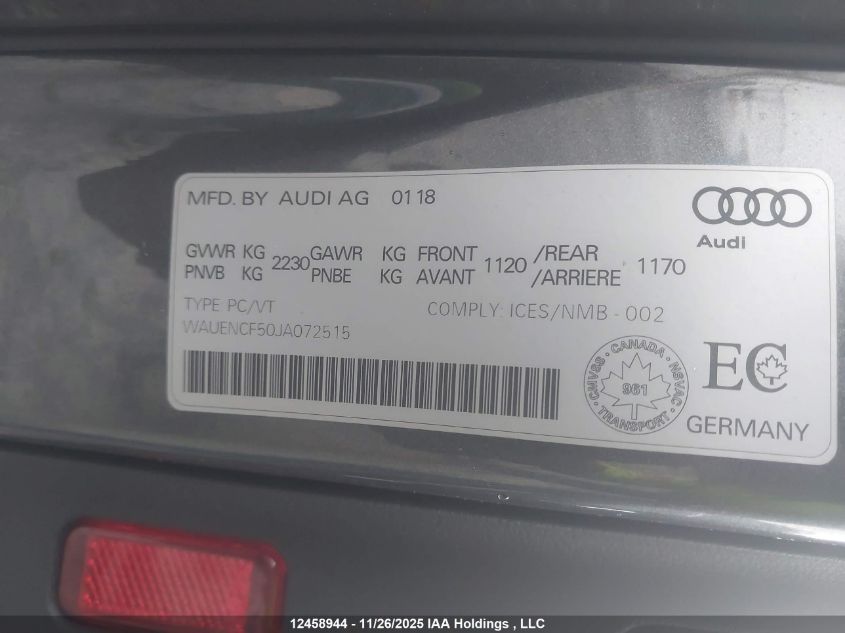 2018 Audi A5 2.0T Progressiv VIN: WAUENCF50JA072515 Lot: 12458944