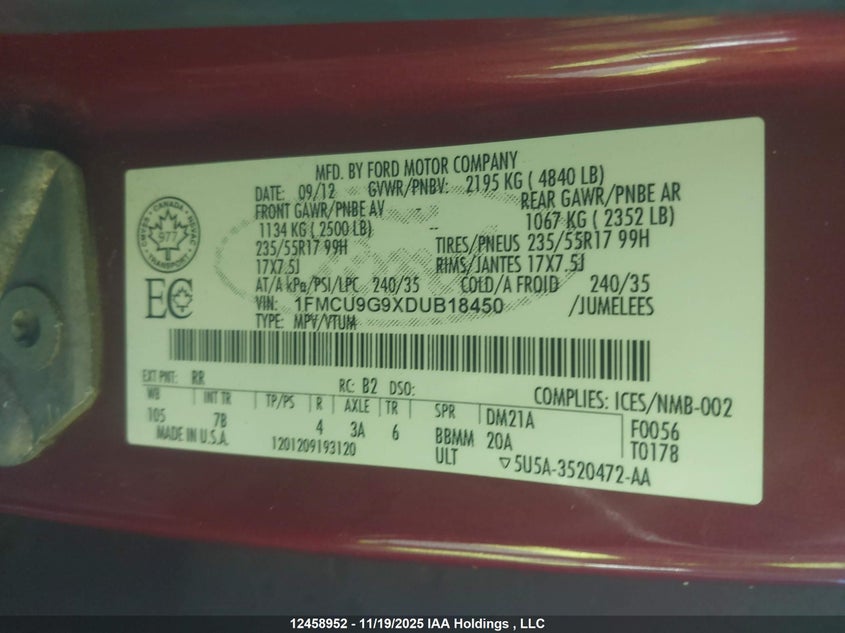 2013 Ford Escape VIN: 1FMCU9G9XDUB18450 Lot: 12458952