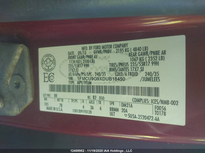 2013 Ford Escape VIN: 1FMCU9G9XDUB18450 Lot: 12458952