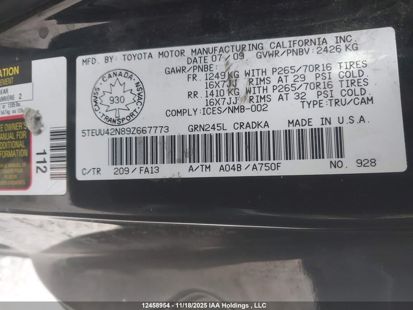 5TEUU42N89Z667773 2009 TOYOTA TACOMA photo no. 9