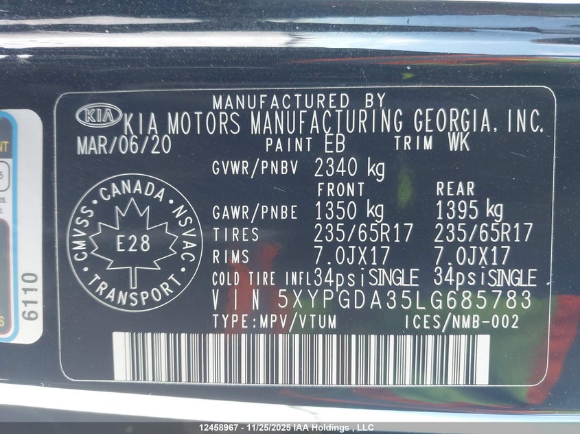 2020 Kia Sorento 2.4L Lx/2.4L Lx+/3.3L Lx+ VIN: 5XYPGDA35LG685783 Lot: 12458967