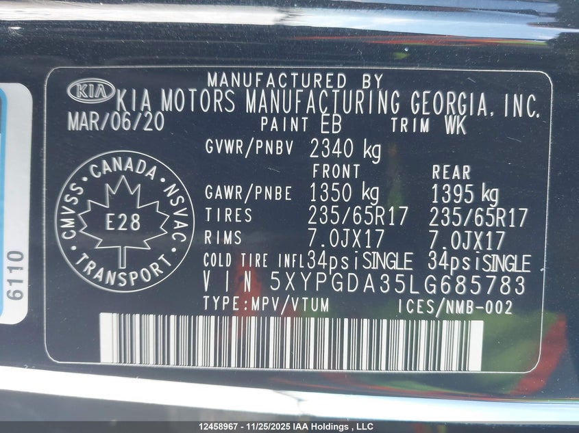 2020 Kia Sorento 2.4L Lx/2.4L Lx+/3.3L Lx+ VIN: 5XYPGDA35LG685783 Lot: 12458967