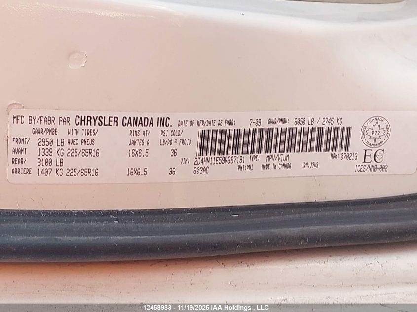 2009 Dodge Grand Caravan VIN: 2D4HN11E59R697191 Lot: 12458983