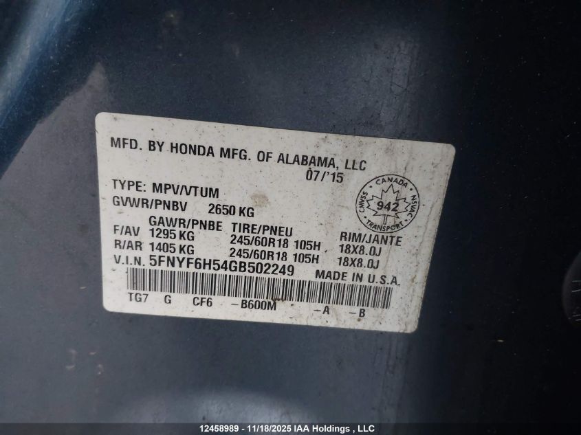 2016 Honda Pilot Ex-L VIN: 5FNYF6H54GB502249 Lot: 12458989