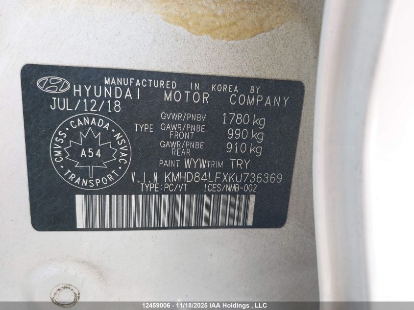 2019 Hyundai Elantra Preferred VIN: KMHD84LFXKU736369 Lot: 12459006