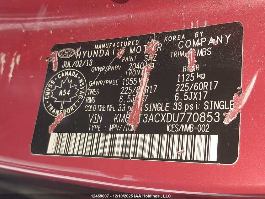 2013 Hyundai Tucson Gl VIN: KM8JT3ACXDU770853 Lot: 12459007