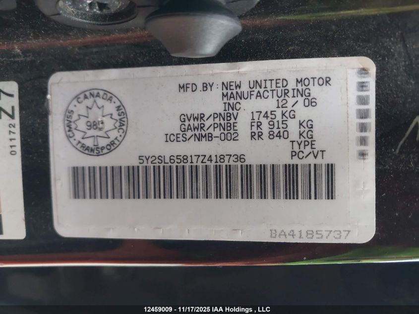 2007 Pontiac Vibe VIN: 5Y2SL65817Z418736 Lot: 12459009