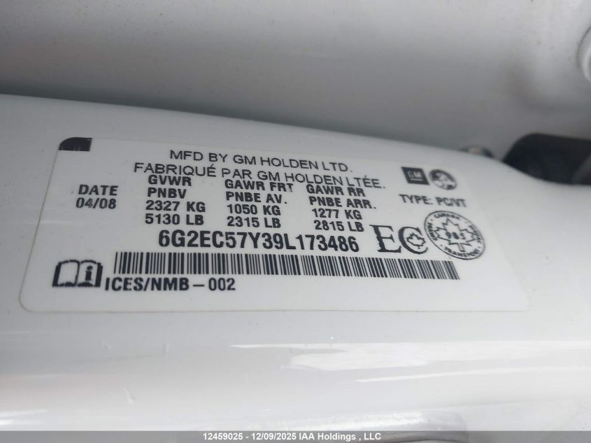 2009 Pontiac G8 Gt VIN: 6G2EC57Y39L173486 Lot: 12459025