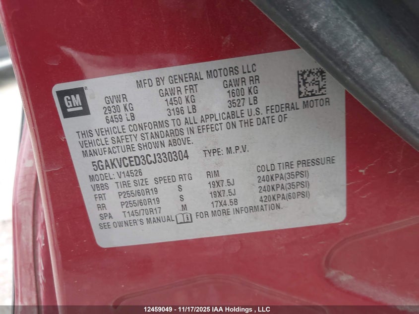 2012 Buick Enclave Leather VIN: 5GAKVCED3CJ330304 Lot: 12459049