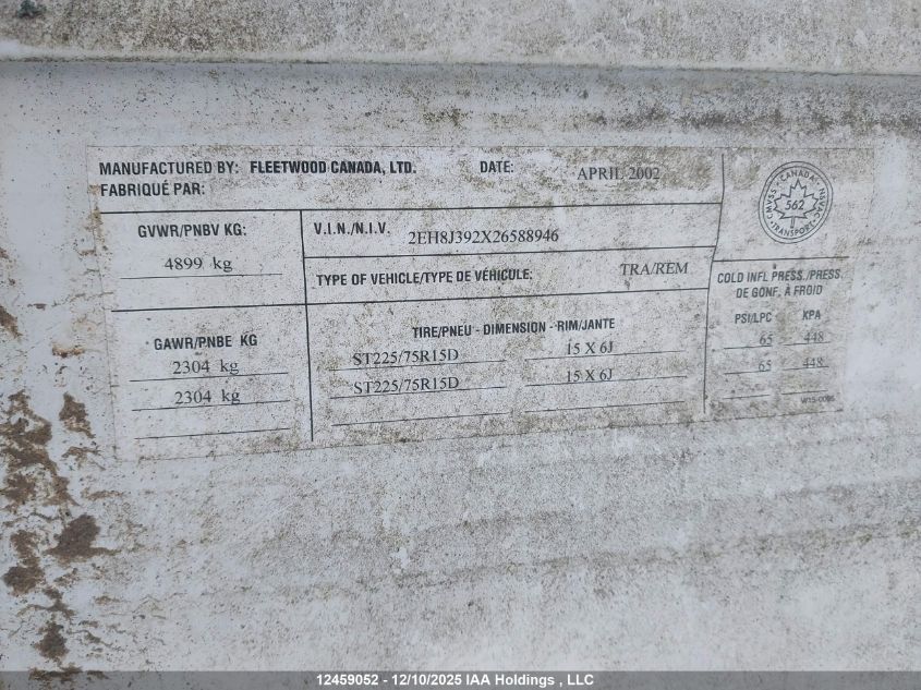 2002 Caravan Motorhome VIN: 2EH8J392X26588946 Lot: 12459052