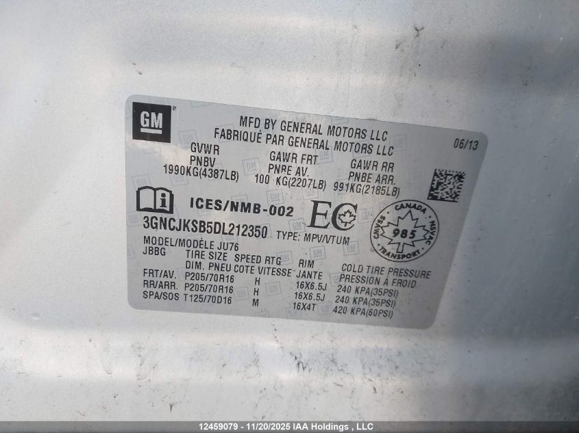 2013 Chevrolet Trax Ls VIN: 3GNCJKSB5DL212350 Lot: 12459079