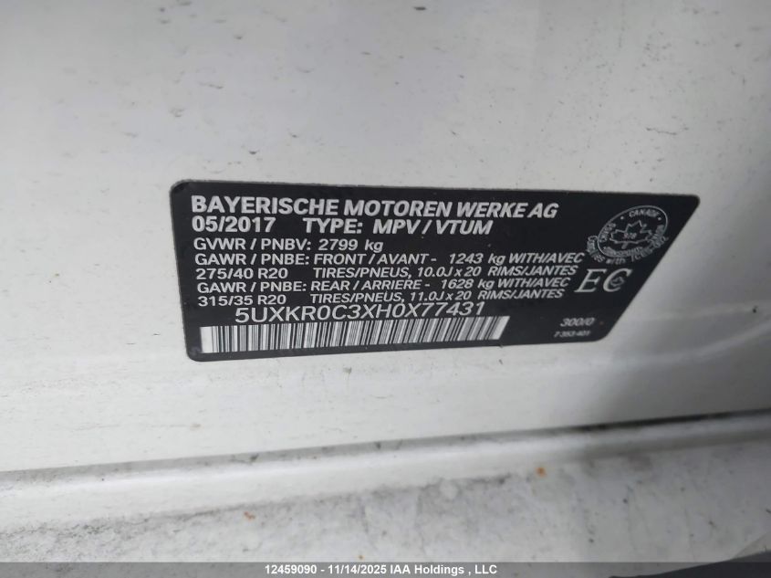 2017 BMW X5 xDrive35I VIN: 5UXKR0C3XH0X77431 Lot: 12459090