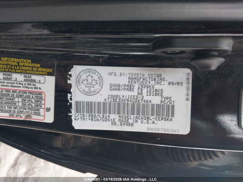 2004 Toyota Camry Le/Se/Xle VIN: 4T1BE32K94U267464 Lot: 12459091