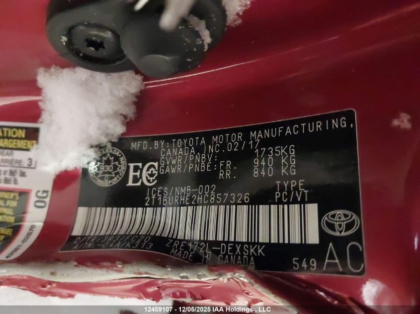 2017 Toyota Corolla Se VIN: 2T1BURHE2HC857326 Lot: 12459107