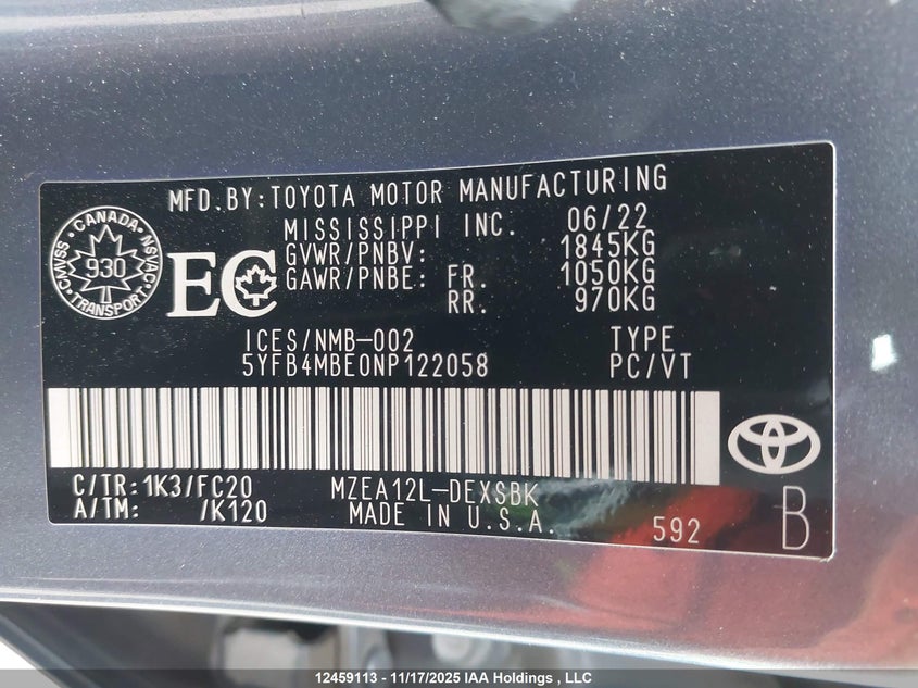 5YFB4MBE0NP122058 2022 TOYOTA COROLLA photo no. 9