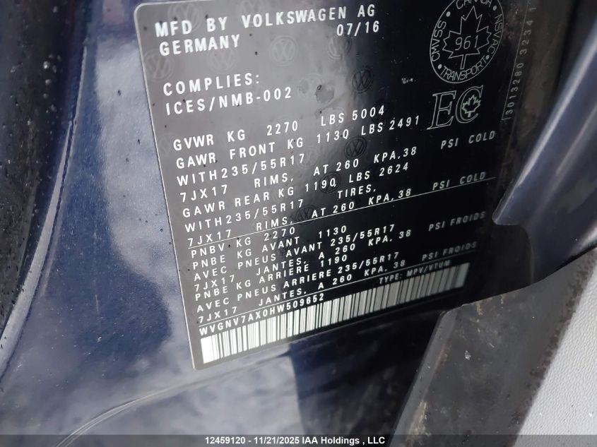 2017 Volkswagen Tiguan Wolfsburg VIN: WVGNV7AX0HW509652 Lot: 12459120