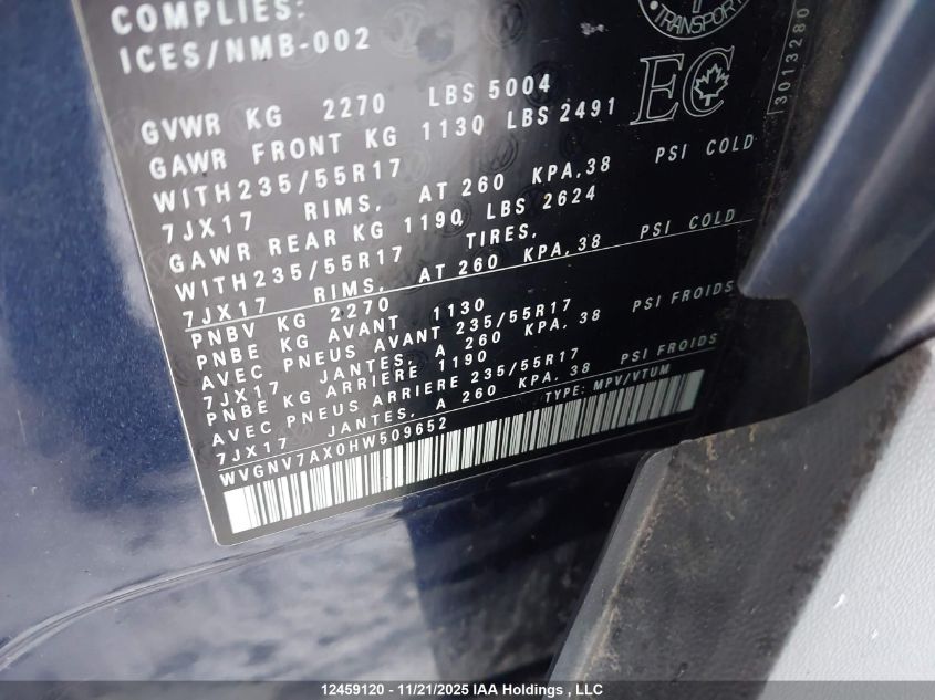 2017 Volkswagen Tiguan Wolfsburg VIN: WVGNV7AX0HW509652 Lot: 12459120