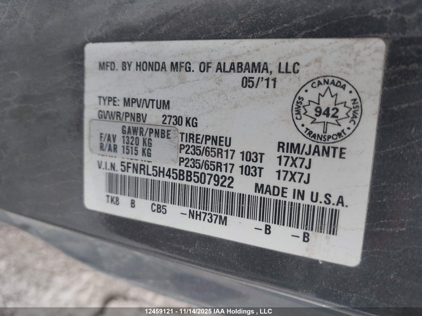 5FNRL5H45BB507922 2011 HONDA ODYSSEY photo no. 9