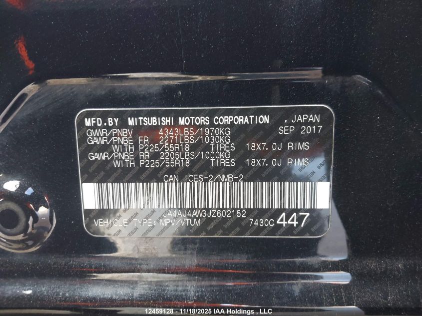 2018 Mitsubishi Rvr Se Limited/Gt VIN: JA4AJ4AW3JZ602152 Lot: 12459128