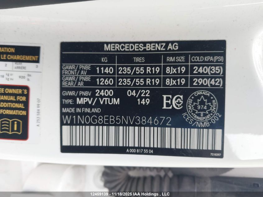 2022 Mercedes-Benz Glc 300 4Matic VIN: W1N0G8EB5NV384672 Lot: 12459139