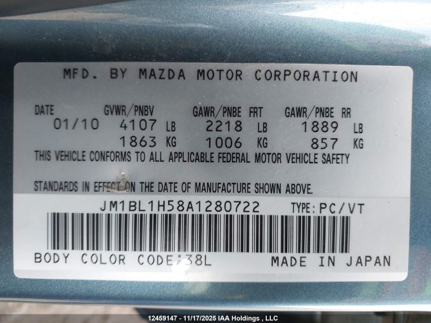 2010 Mazda Mazda3 Gs/Gt VIN: JM1BL1H58A1280722 Lot: 12459147