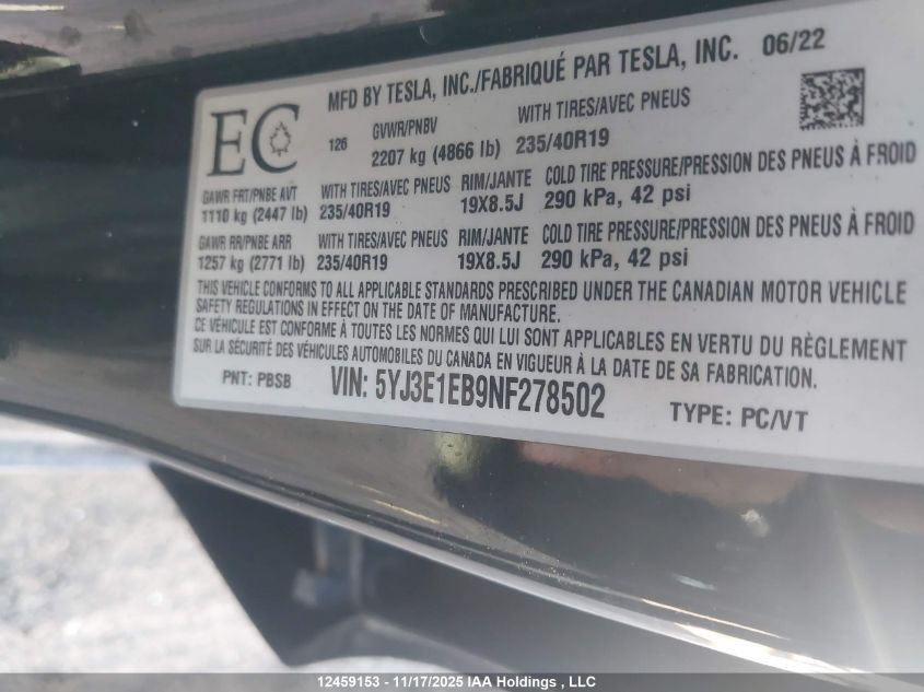 2022 Tesla Model 3 VIN: 5YJ3E1EB9NF278502 Lot: 12459153