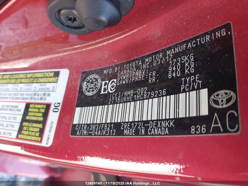 2017 Toyota Corolla VIN: 2T1BURHE1HC879236 Lot: 12459160