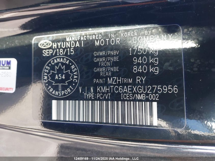 2016 Hyundai Veloster Turbo VIN: KMHTC6AEXGU275956 Lot: 12459169