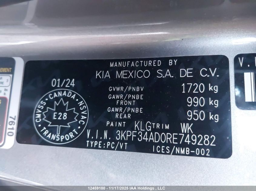 2024 Kia Forte Ex/Ex+/Ex Premium VIN: 3KPF34AD0RE749282 Lot: 12459180