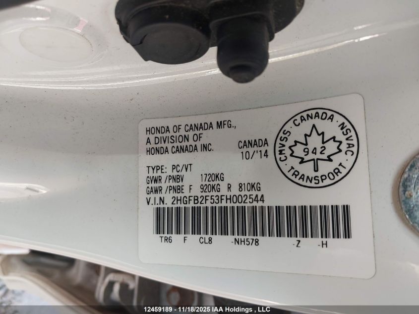 2015 Honda Civic Lx VIN: 2HGFB2F53FH002544 Lot: 12459189