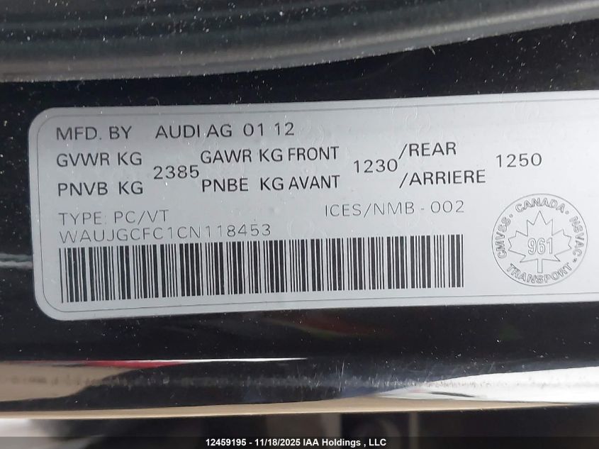 2012 Audi A6 3.0 Premium Plus VIN: WAUJGCFC1CN118453 Lot: 12459195