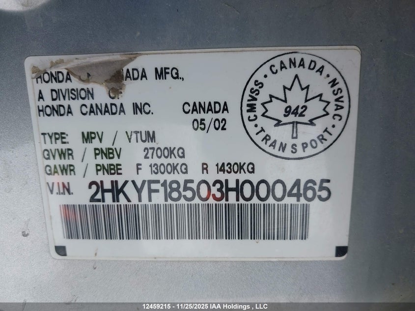 2003 Honda Pilot Exl VIN: 2HKYF18503H000465 Lot: 12459215