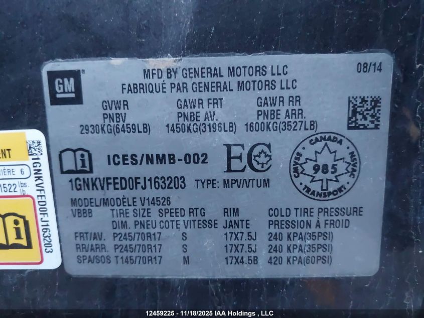 2015 Chevrolet Traverse Ls VIN: 1GNKVFED0FJ163203 Lot: 12459225