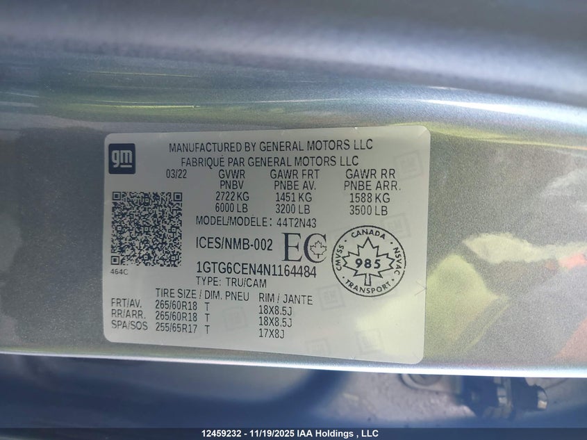 2022 GMC Canyon Elevation VIN: 1GTG6CEN4N1164484 Lot: 12459232