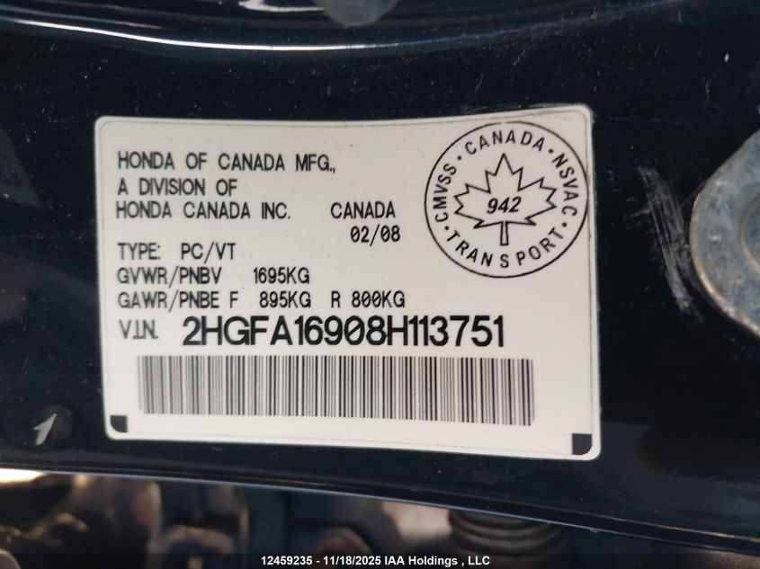 2008 Honda Civic VIN: 2HGFA16908H113751 Lot: 12459235