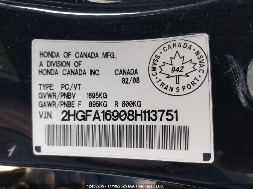 2008 Honda Civic VIN: 2HGFA16908H113751 Lot: 12459235