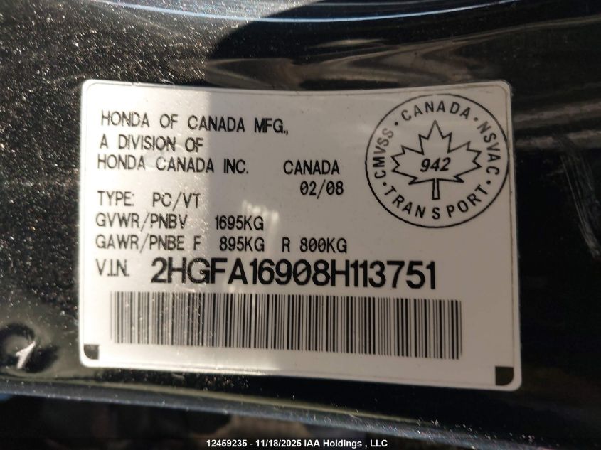 2008 Honda Civic VIN: 2HGFA16908H113751 Lot: 12459235